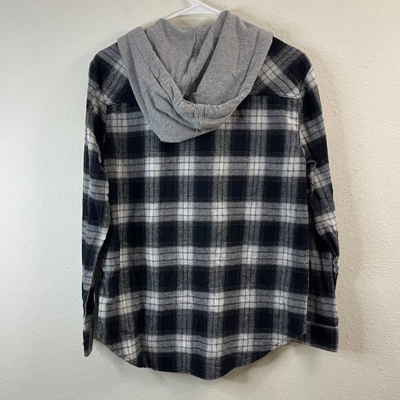 Black & White Plaid Button-Up Shirt With Gray Hood By Miss Selfie S - Picture 7 of 11